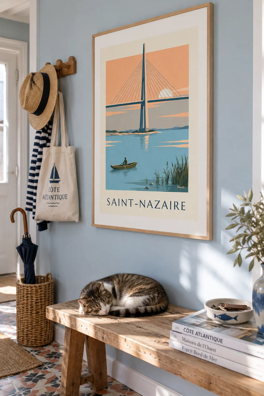 Affiche pont de Saint-Nazaire et barque sur l'estuaire : encadrée au mur