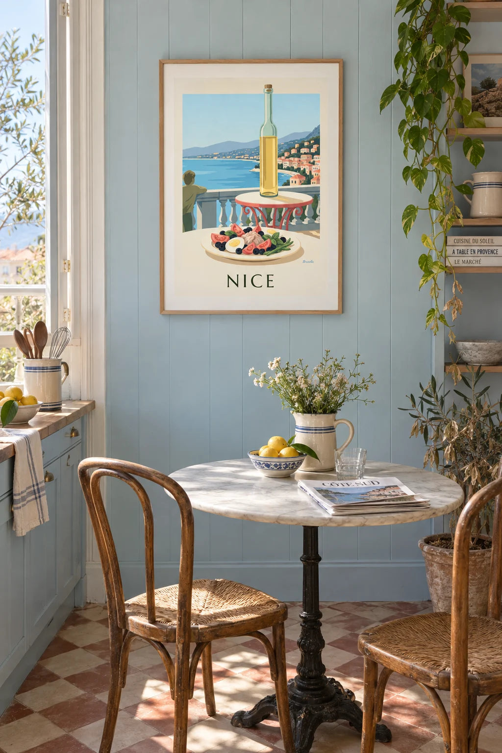 Salade niçoise on a seaside terrace poster on the wall