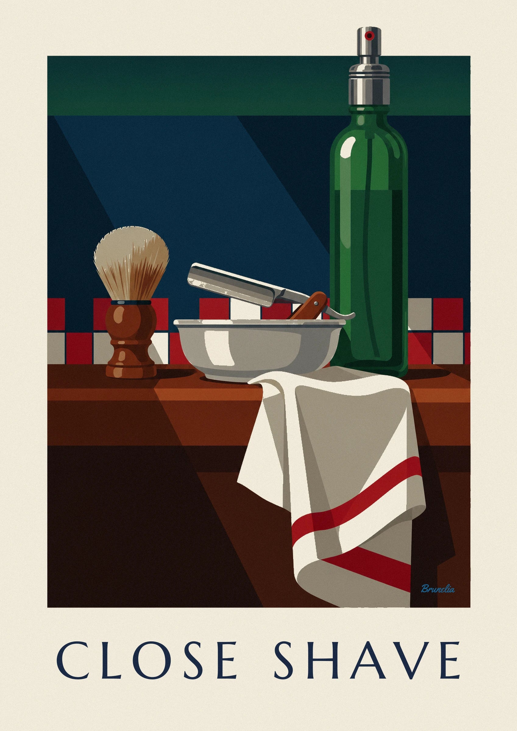 Plakat med barberkniv, barberkost og aftershave-flaske: nærbillede af detalje