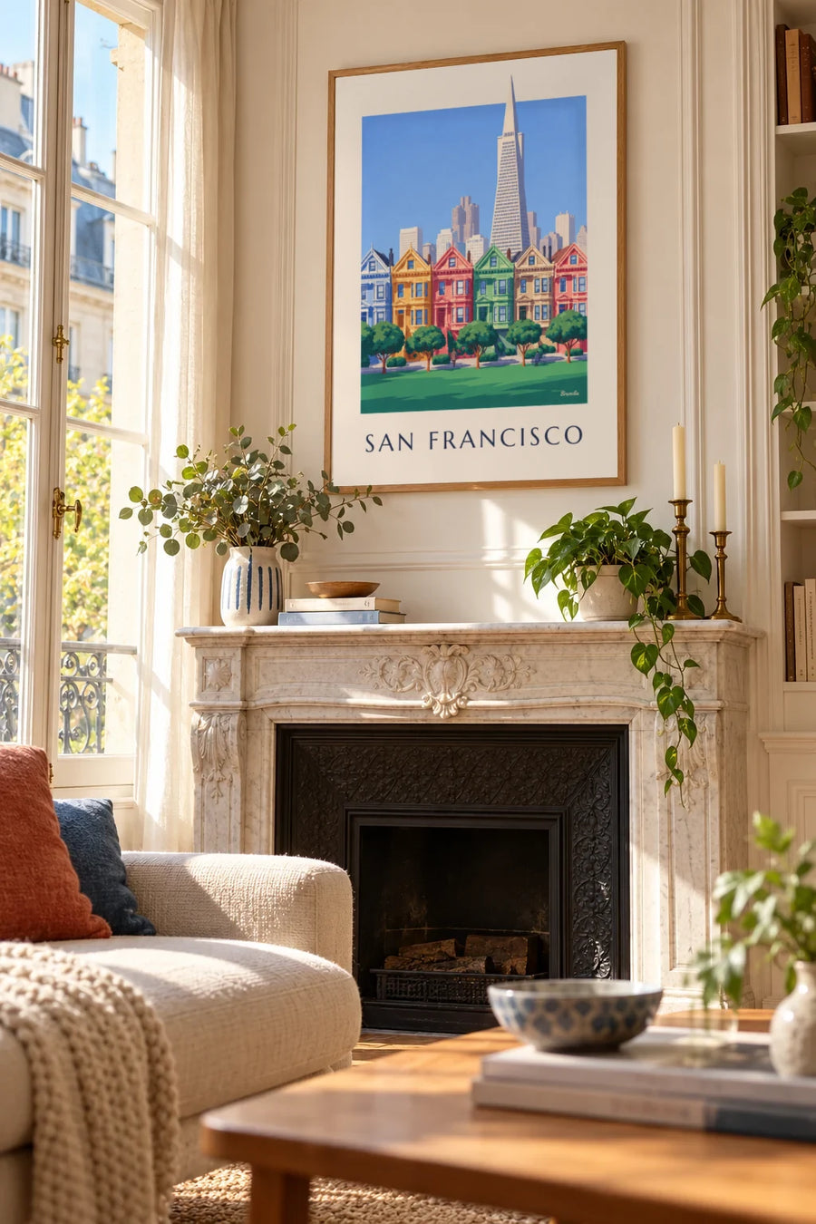 Plakat med victorianske huse ved Alamo Square i San Francisco: indrammet på væggen