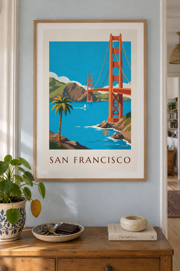 Poster of the Golden Gate Bridge in San Francisco: framed on the wall