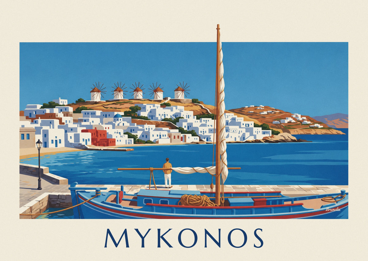Caïque in Mykonos harbor facing the Kato Mili windmills poster