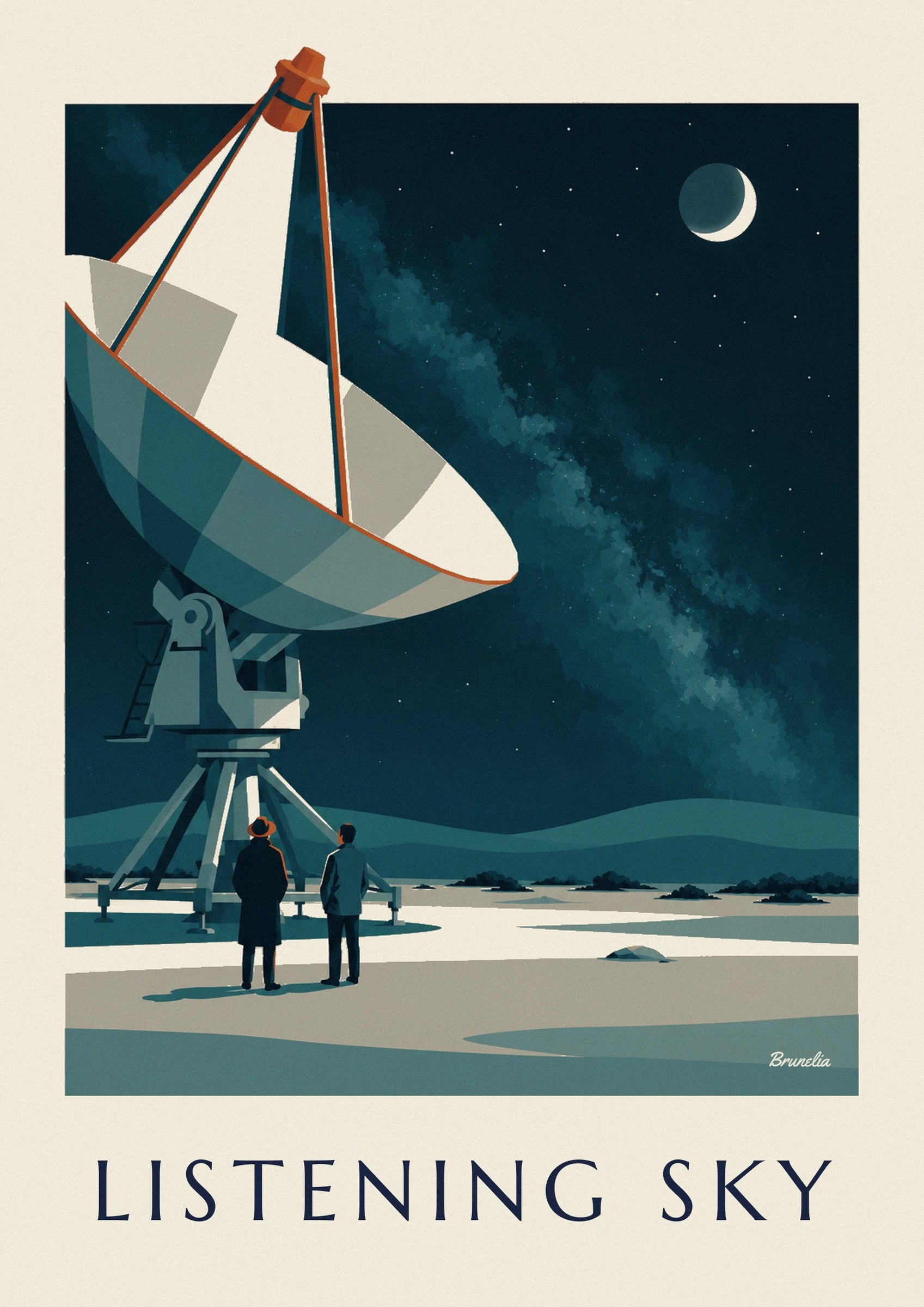Plakat med radioteleskop rettet mod stjernehimlen i ørkenen: nærbillede af detalje