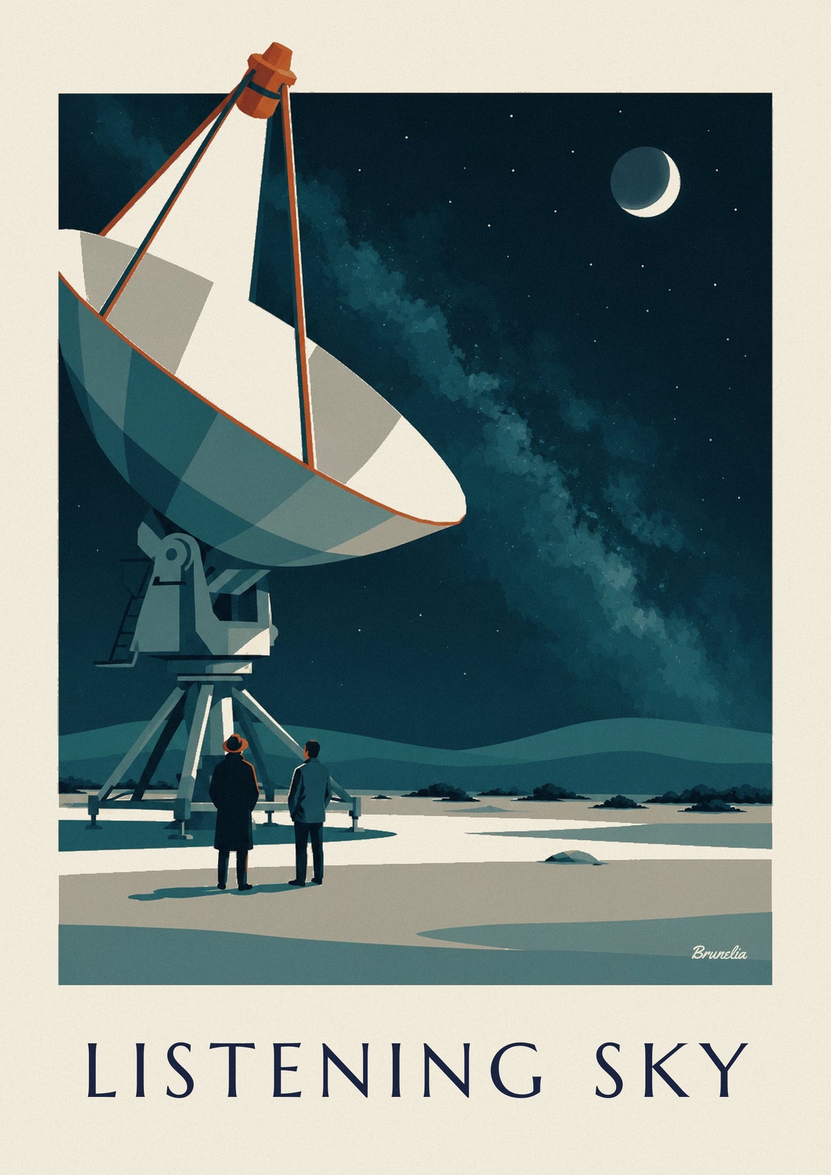 Radio telescope under a starry desert sky poster