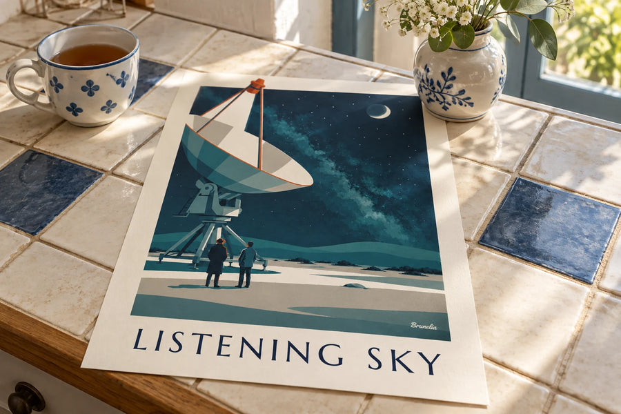 Plakat med radioteleskop rettet mod en stjerneklar himmel i ørkenen: stillet på et bord