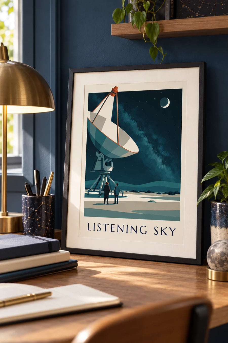 Plakat med radioteleskop rettet mod en stjernehimmel i ørkenen: lille A4-format i ramme