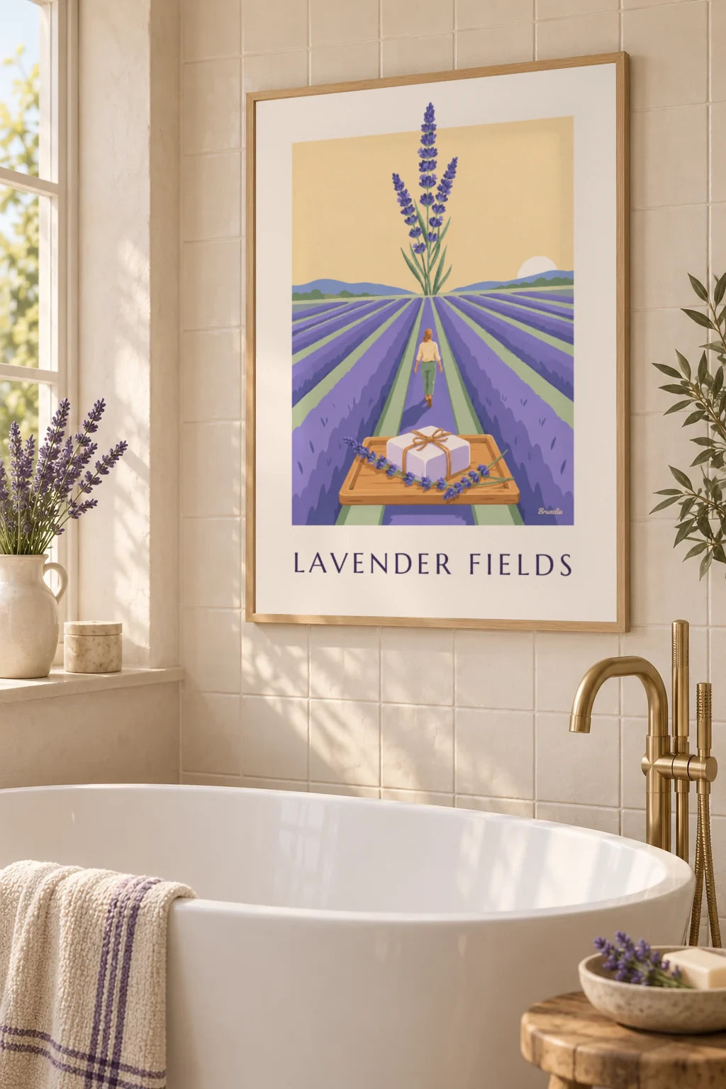 Handmade lavender soap and lavender field poster on the wall