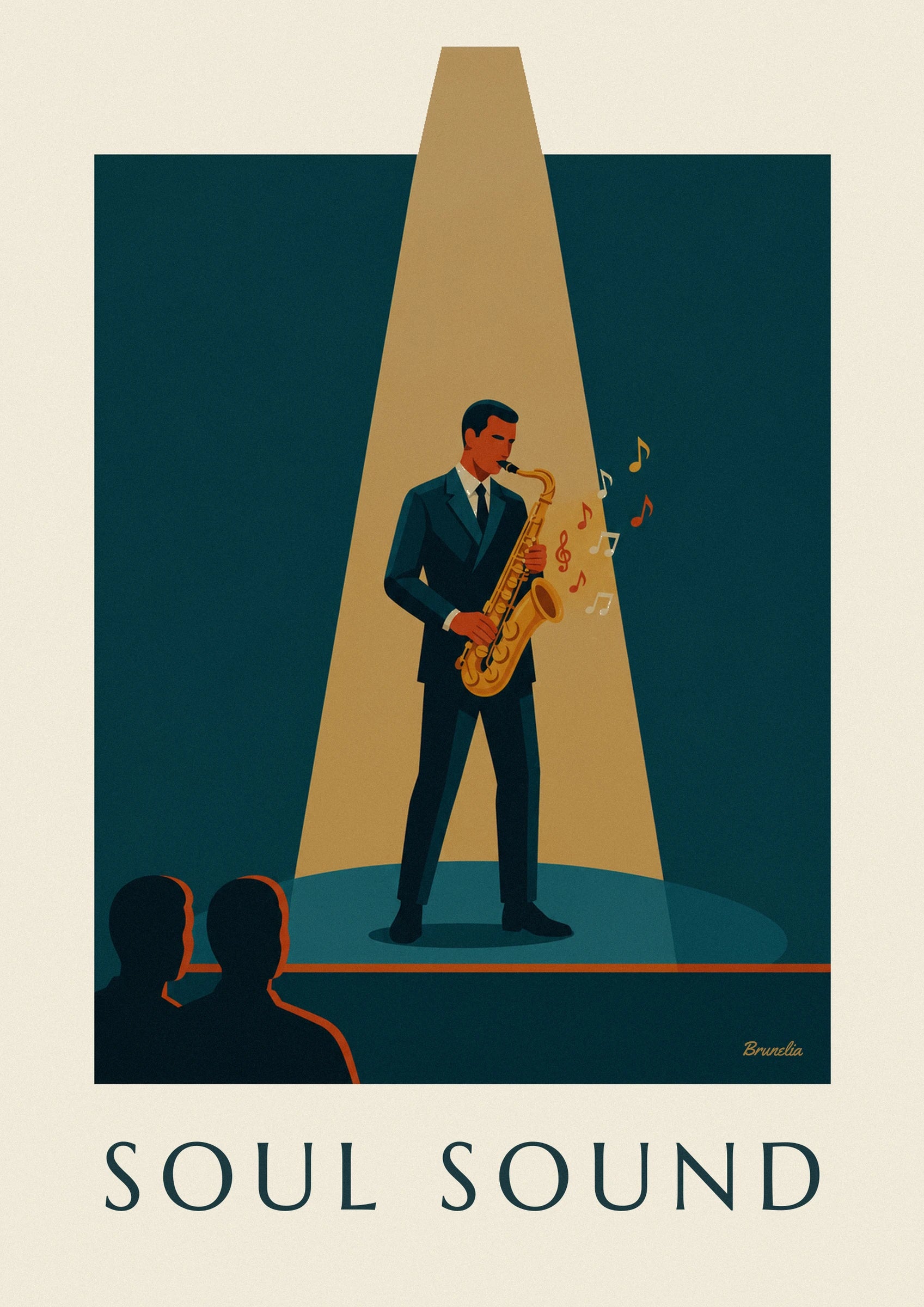 Plakat med gylden saxofon i et lysstrejf af jazz: nærbillede af detalje