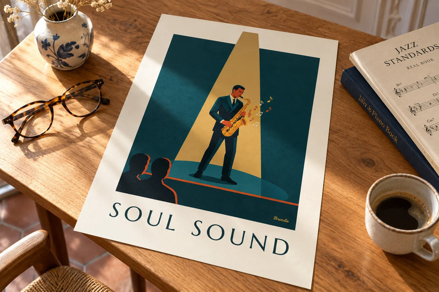 Plakat med gylden saxofon i en jazzlyskegle: stillet på et bord