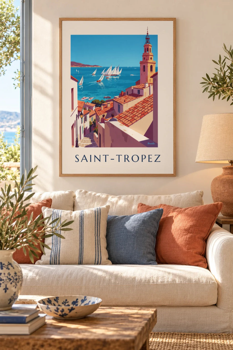 Plakat med sejlbådsregatta ud for Saint-Tropez: indrammet på væggen