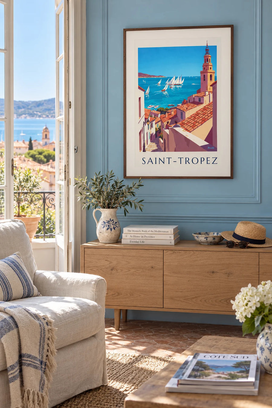 Affiche régate de voiliers au large de Saint-Tropez : encadrée au mur