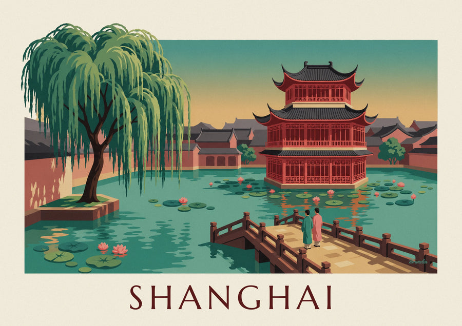 Plakat med tehuset i Yuyuan-haven i Shanghai