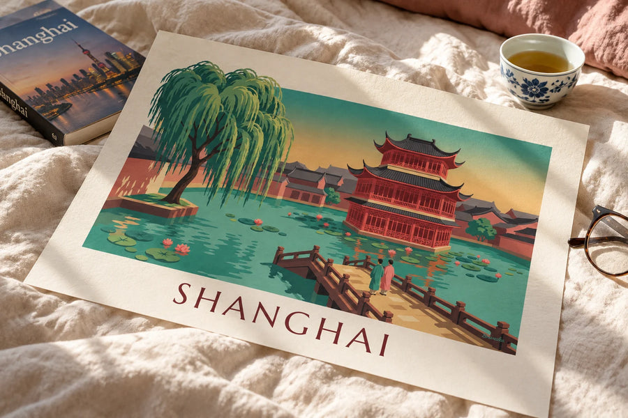 Plakat med tehus i Yuyuan-haven i Shanghai: på et bord