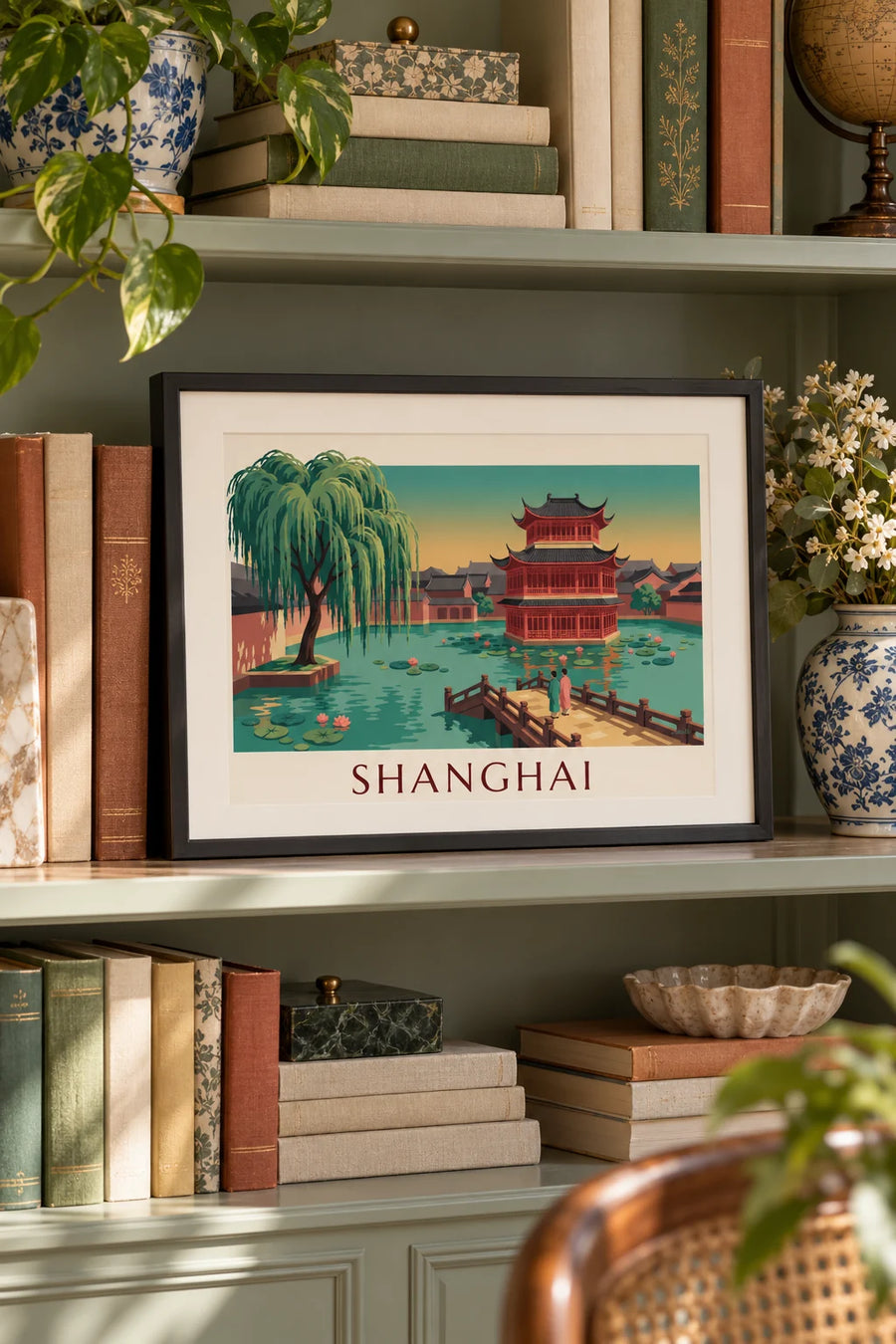 Plakat med tehus i Yuyuan-haven i Shanghai: lille A4-format i ramme