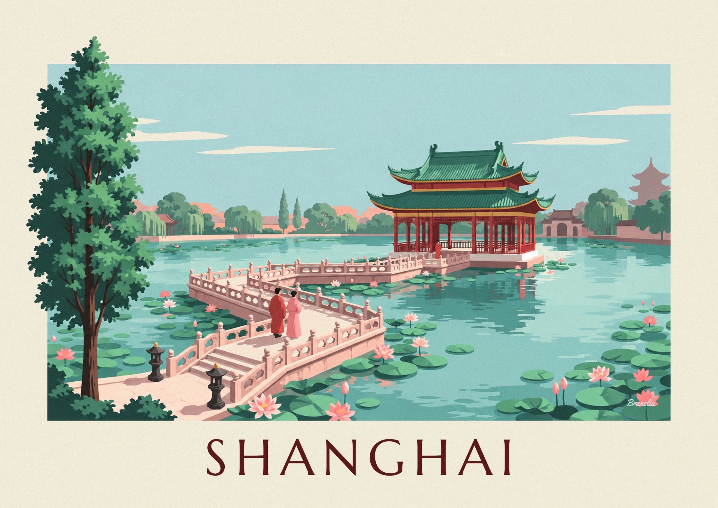 The red teahouse with upturned green roofs beside the lotus pond