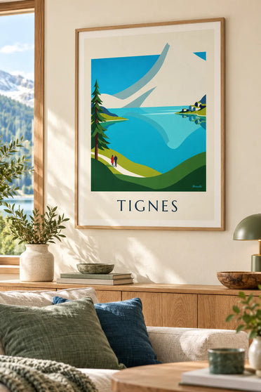 Plakat med Lac de Tignes og de snedækkede tinder ved Grande Motte: indrammet på væggen
