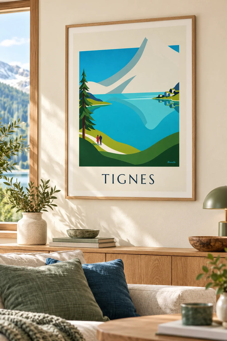 Plakat med Lac de Tignes og de snedækkede tinder ved Grande Motte: indrammet på væggen