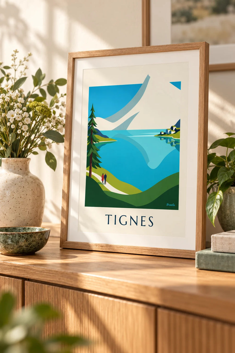Plakat med Lac de Tignes og snedækkede tinder ved Grande Motte, lille A4-format i ramme