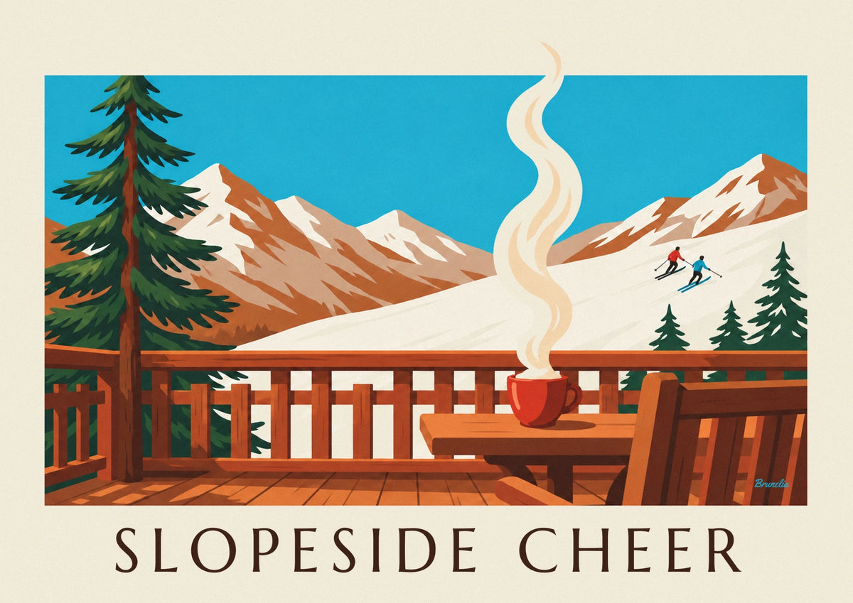 Hot chocolate on a slopeside terrace poster