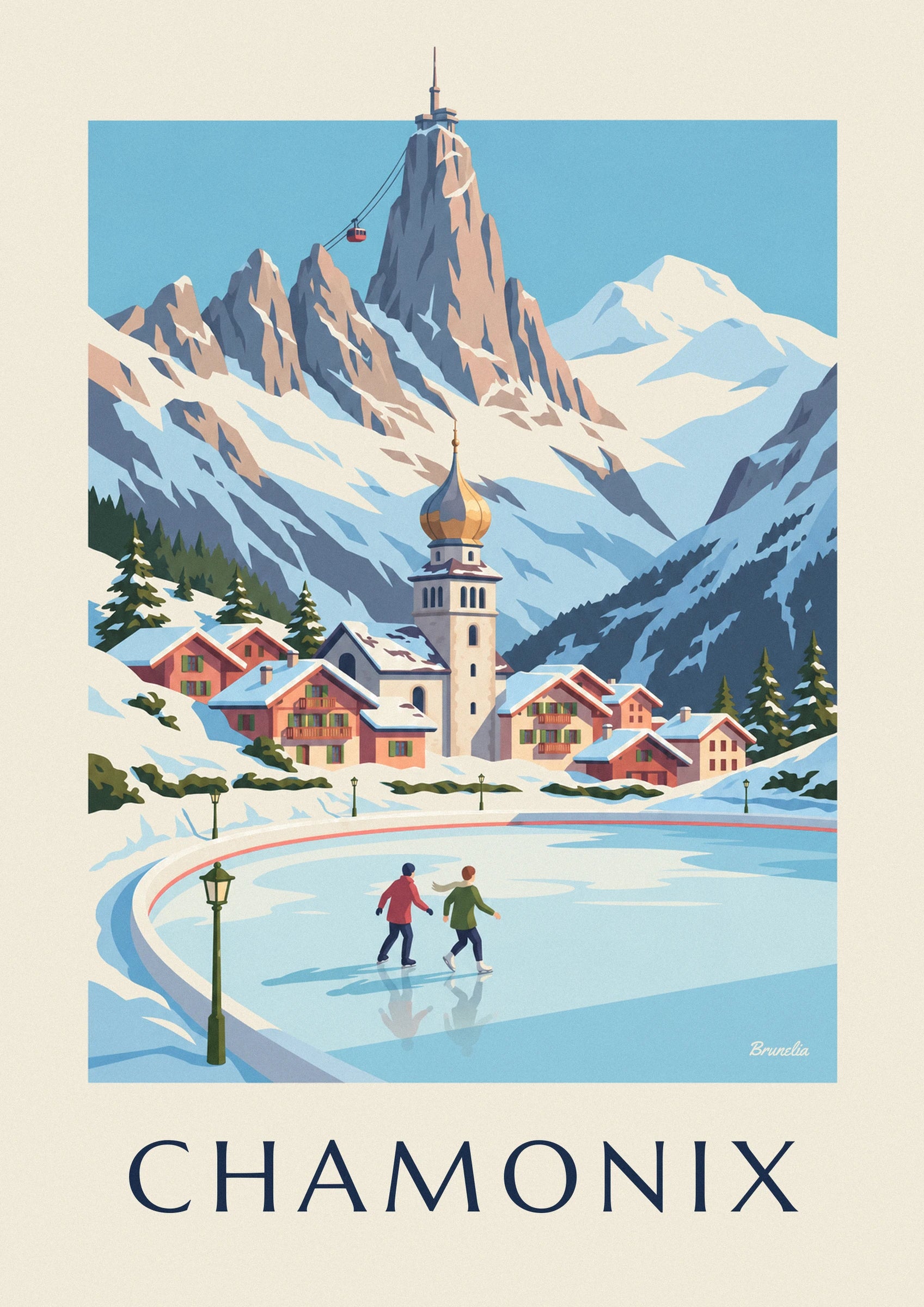 Plakat med skøjteløbere på skøjtebanen i Chamonix og Aiguille du Midi: nærbillede af detalje