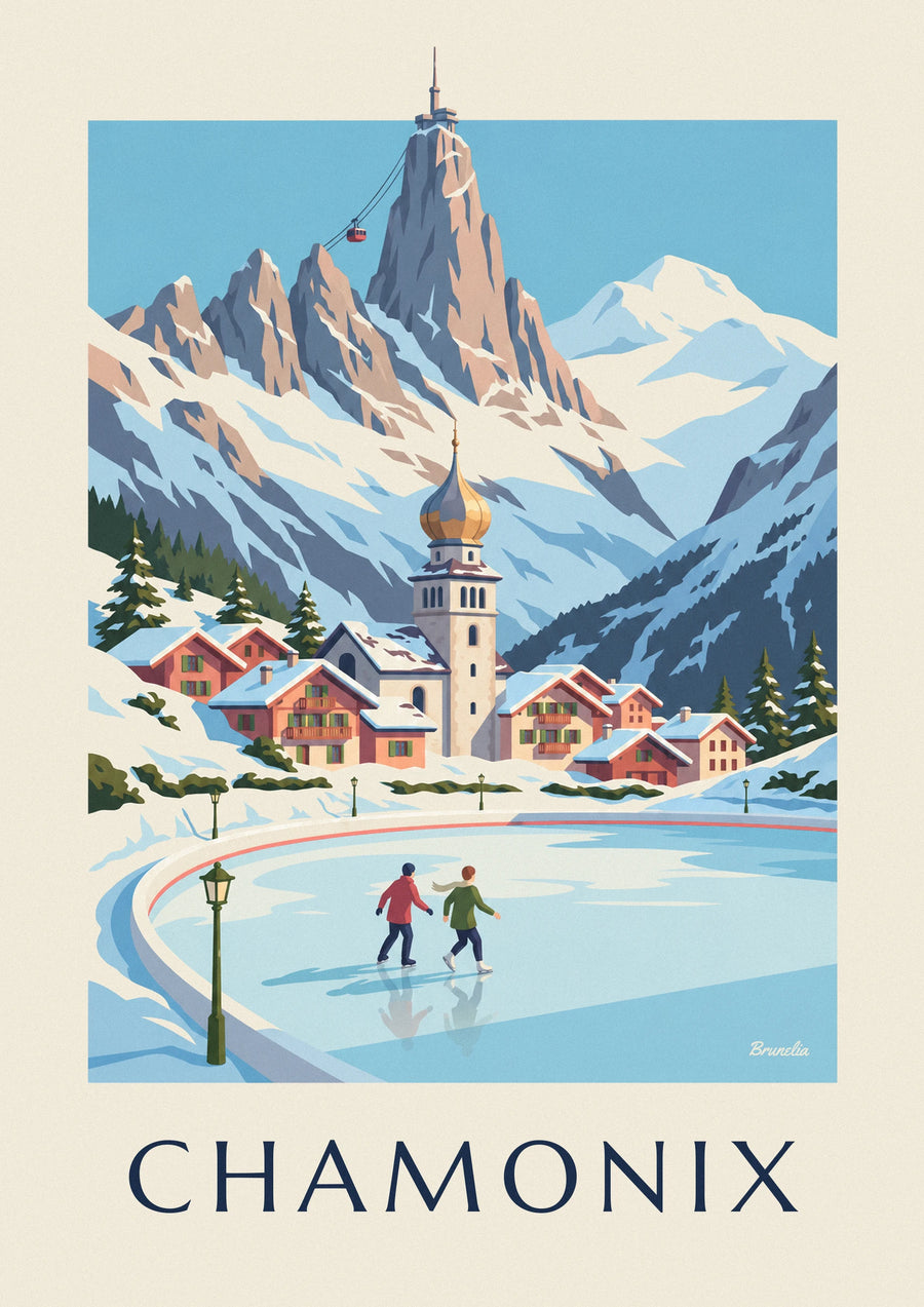 Plakat med skøjteløbere på skøjtebanen i Chamonix og Aiguille du Midi