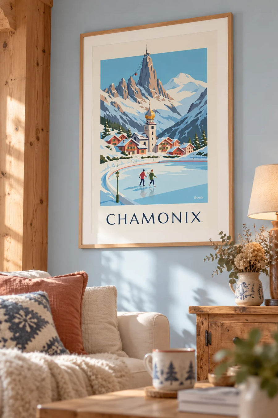 Plakat med skøjteløbere på skøjtebanen i Chamonix og Aiguille du Midi: indrammet på væggen