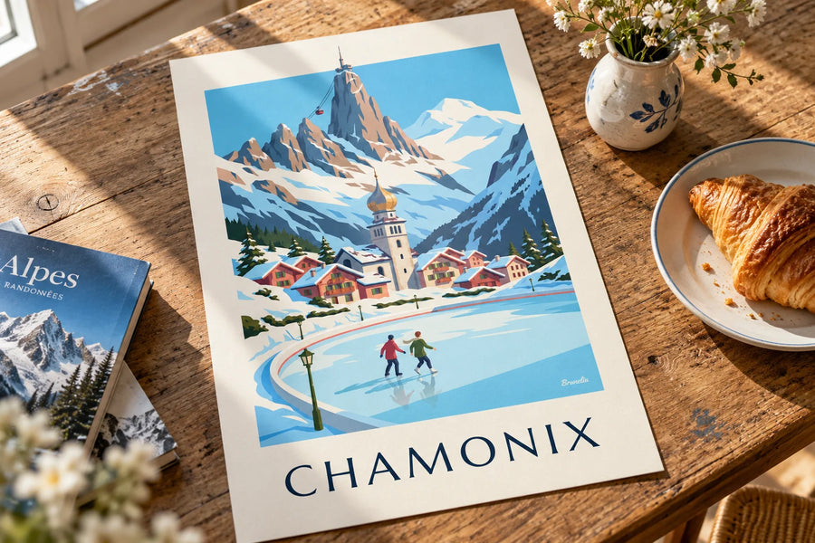Plakat med skøjteløbere på skøjtebanen i Chamonix og Aiguille du Midi: stående på et bord