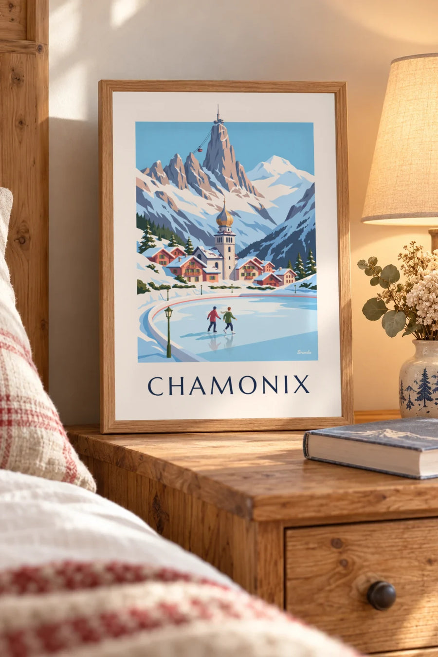 Plakat med skøjteløbere på skøjtebanen i Chamonix og Aiguille du Midi: lille A4-plakat i ramme