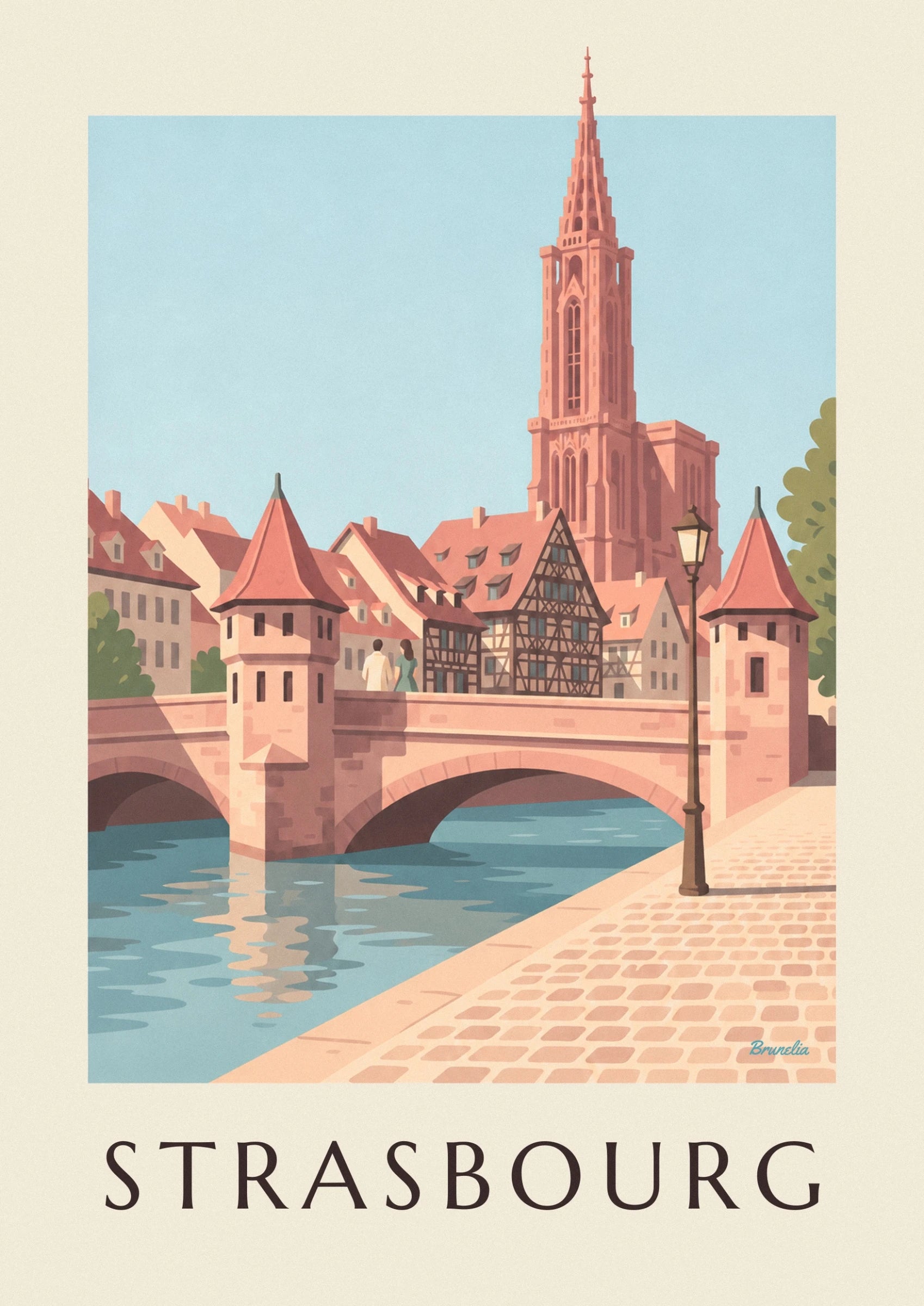 The pink spire of Strasbourg cathedral above the rooftops and a street lamp