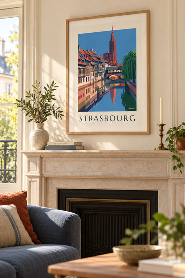 Affiche maisons à colombages et pont couvert de la Petite France à Strasbourg : encadrée au mur