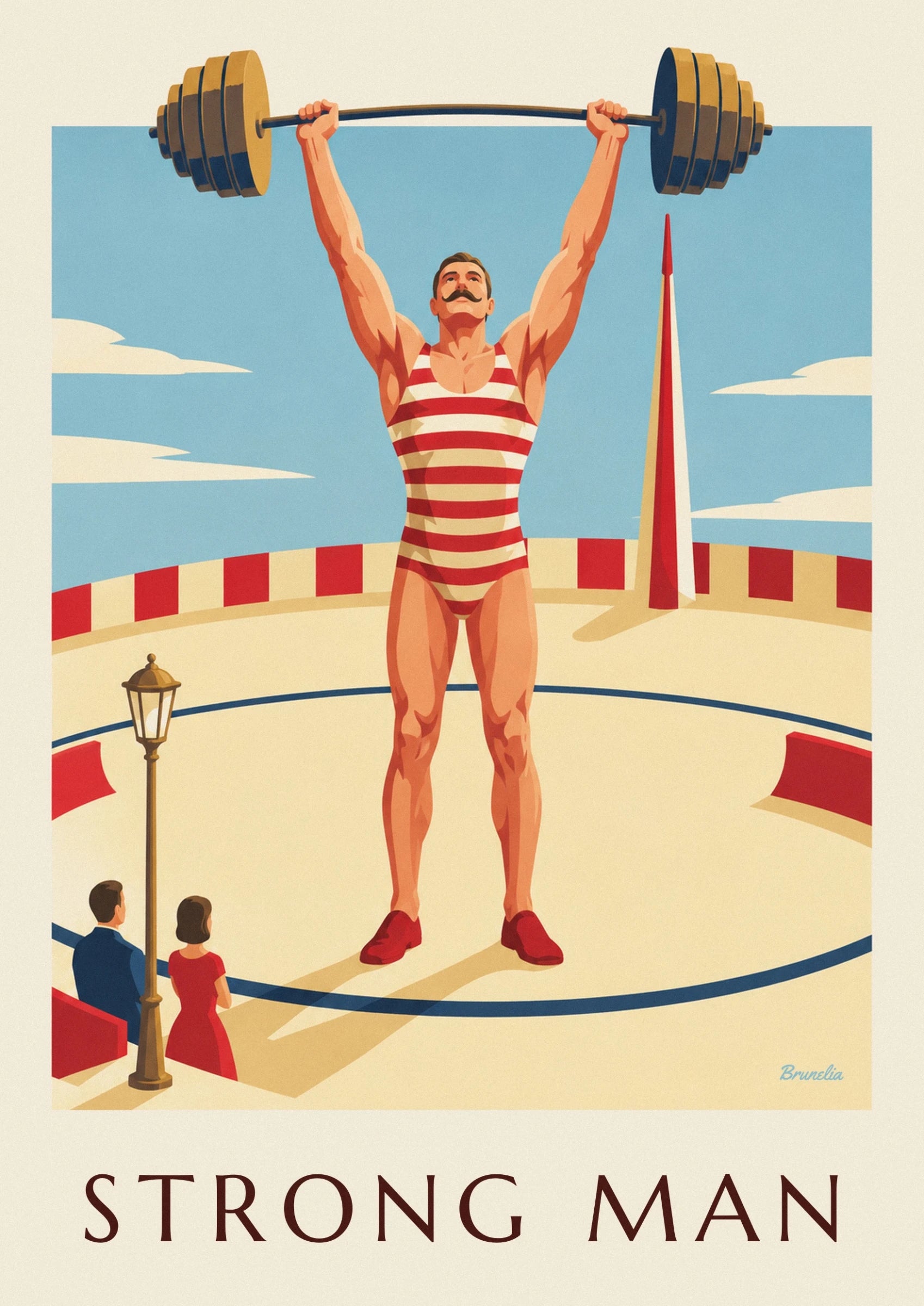 The moustached strongman in a red and cream striped singlet with his arms raised