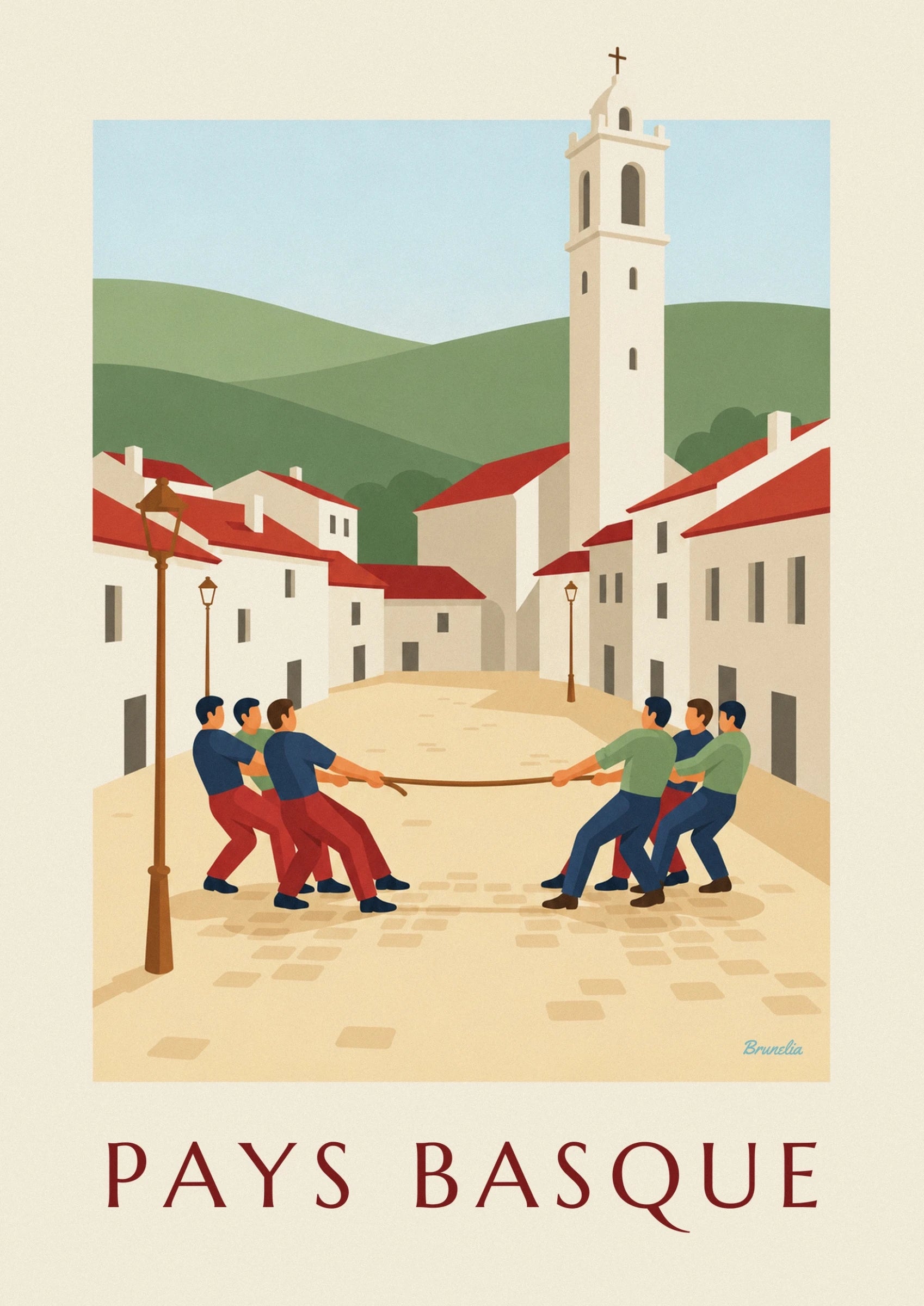 Players in blue shirts and red trousers gripping the rope in the square