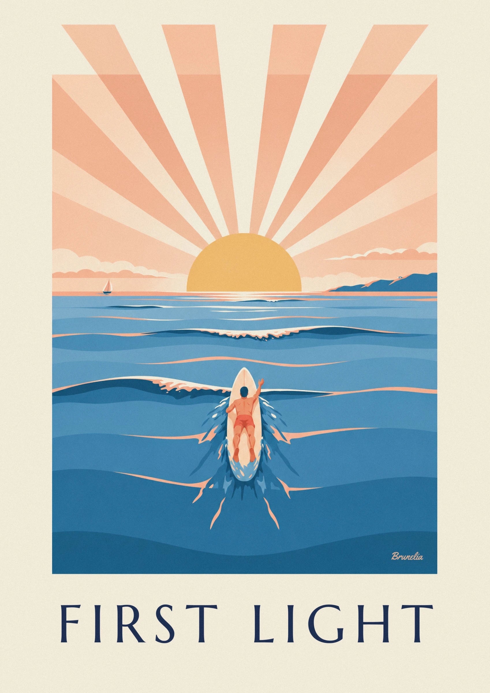 The surfer in coral shorts paddling on his pale board among the swirling blue water
