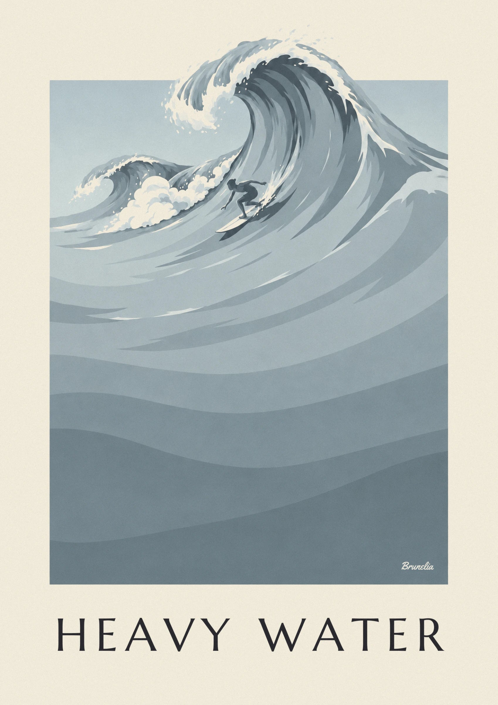 The surfer leaning over his white board in the hollow of a large blue-grey wave