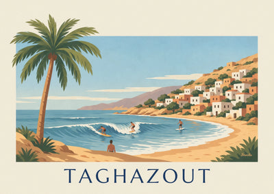 Plakat med surfere i bugten ved Taghazout i Marokko: hele plakaten