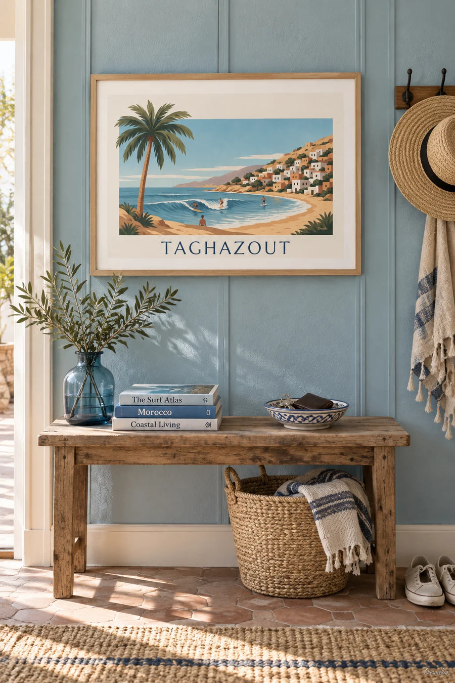 Poster of surfers in the bay of Taghazout, Morocco: framed on the wall