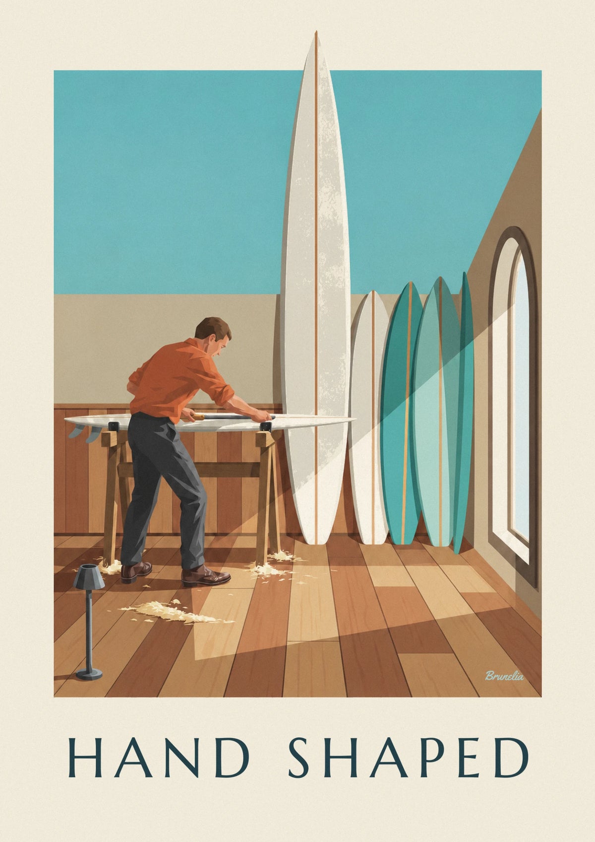 Shaper sculpting a surfboard in his workshop poster