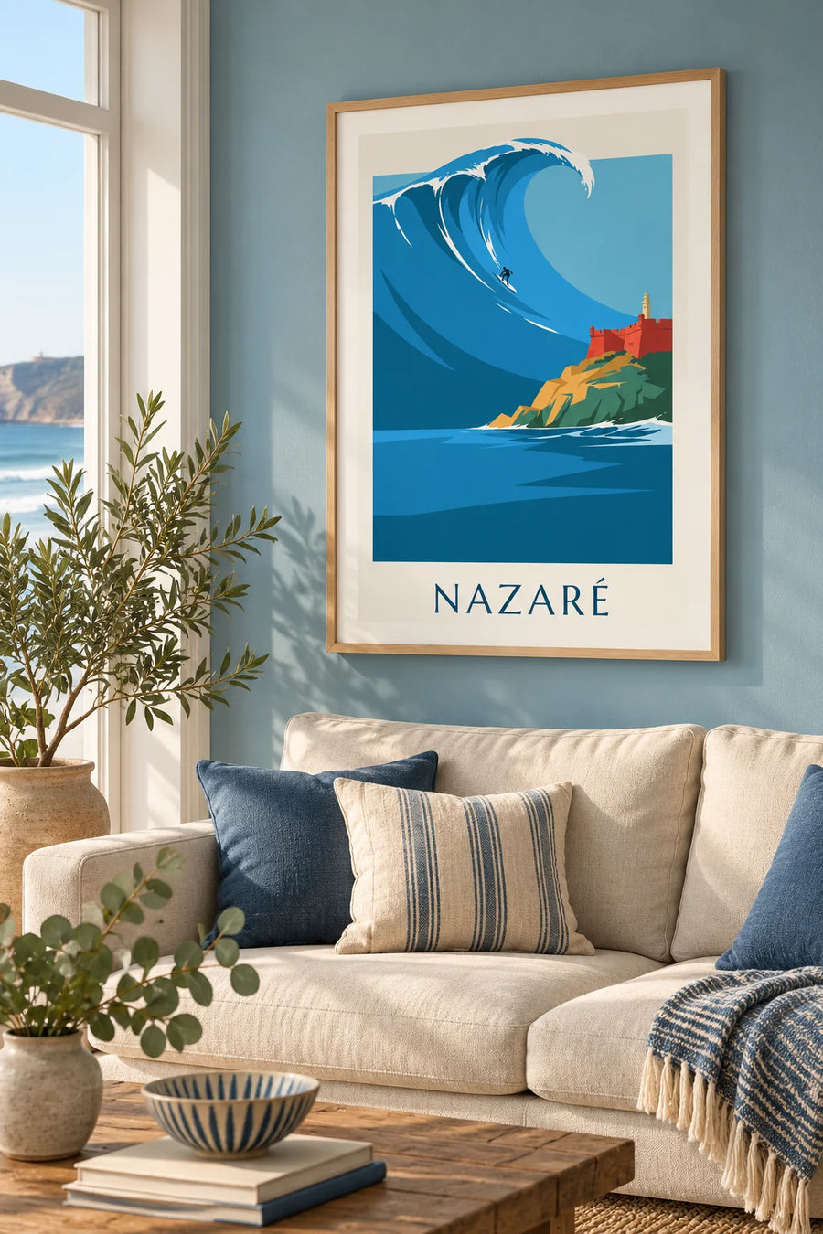 Plakat med surfer på den enorme bølge i Nazaré i Portugal: indrammet på væggen