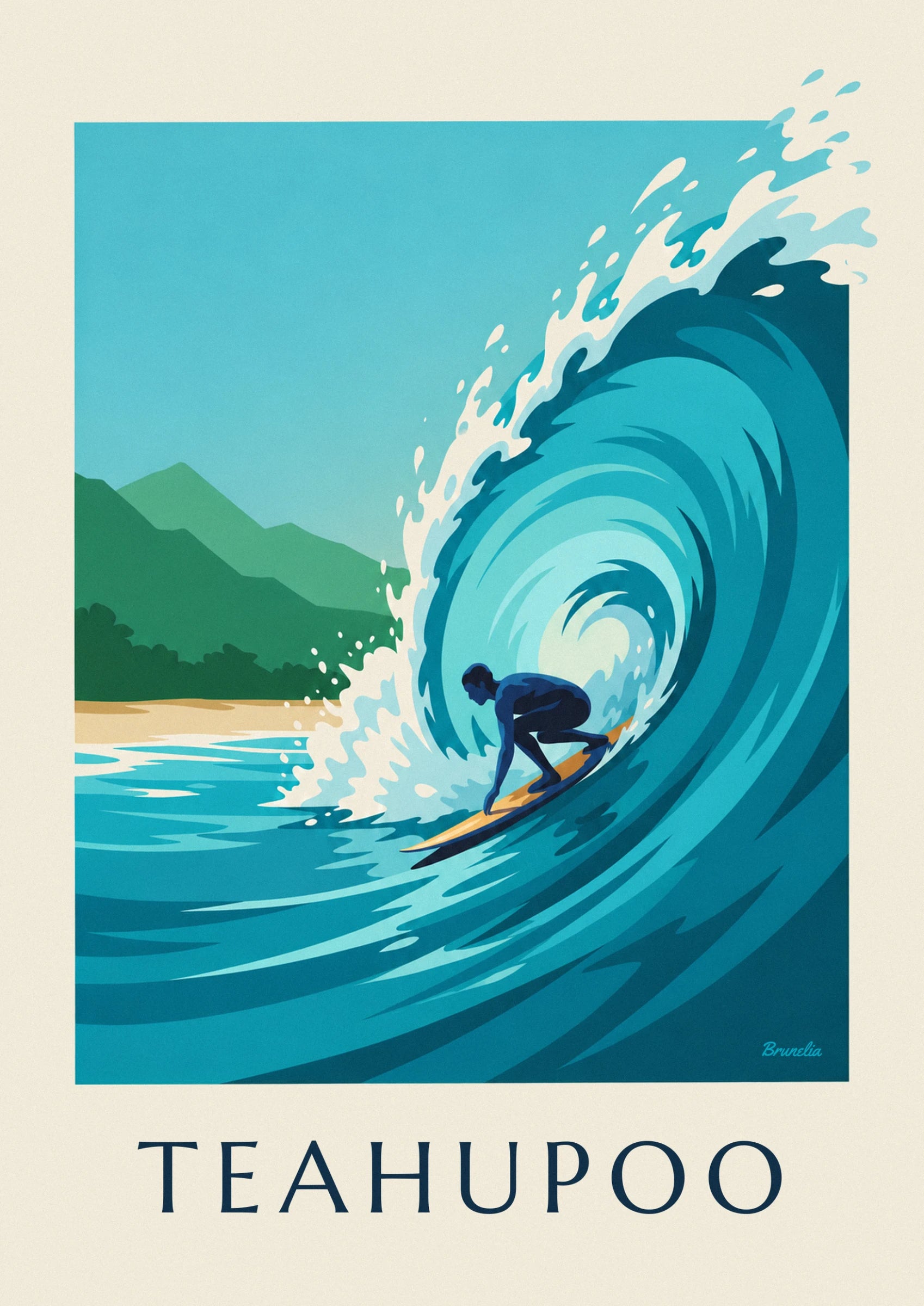 The surfer crouching on his yellow board inside the turquoise barrel