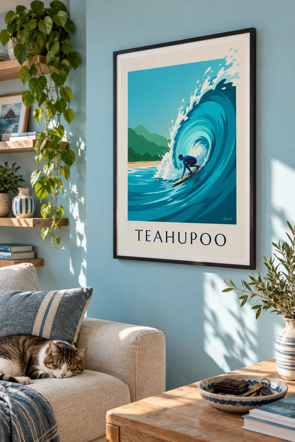 Affiche surfeur dans le tube de la vague de Teahupoo à Tahiti i et rigtigt hjem