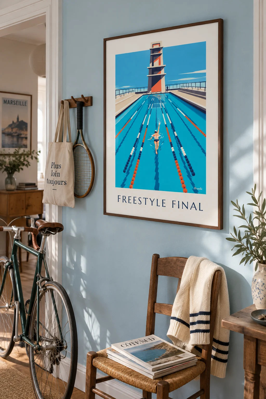 Freestyle swimmer at the championships poster on the wall