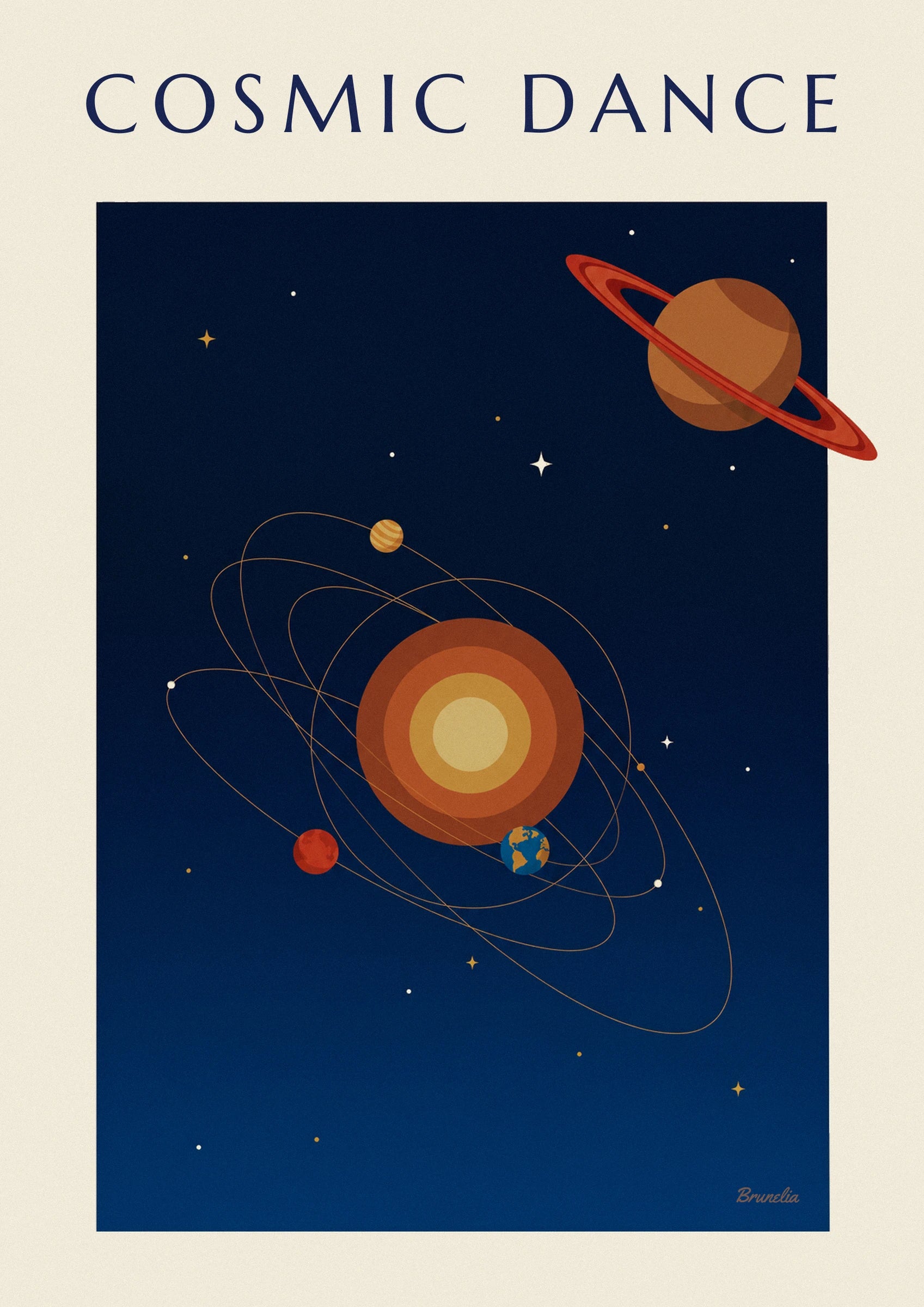 Plakat med Saturn og planeter i kredsløb om Solen på natblå baggrund: nærbillede af detalje
