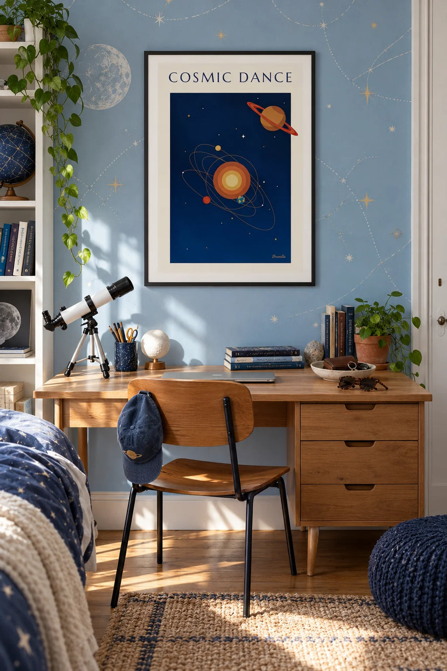 Plakat med Saturn og planeter i kredsløb om Solen på natblå baggrund: indrammet på væggen