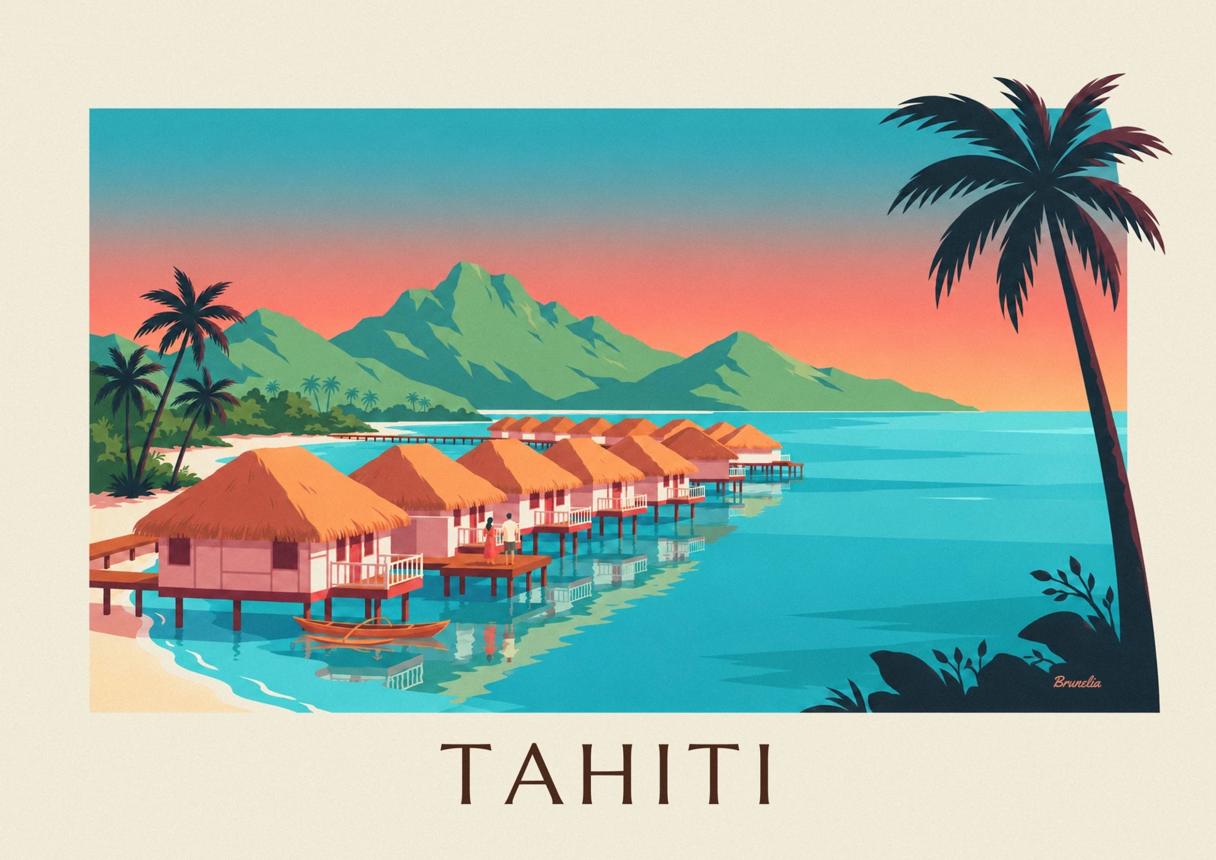 A couple on a jetty and the overwater bungalows reflected in the turquoise lagoon