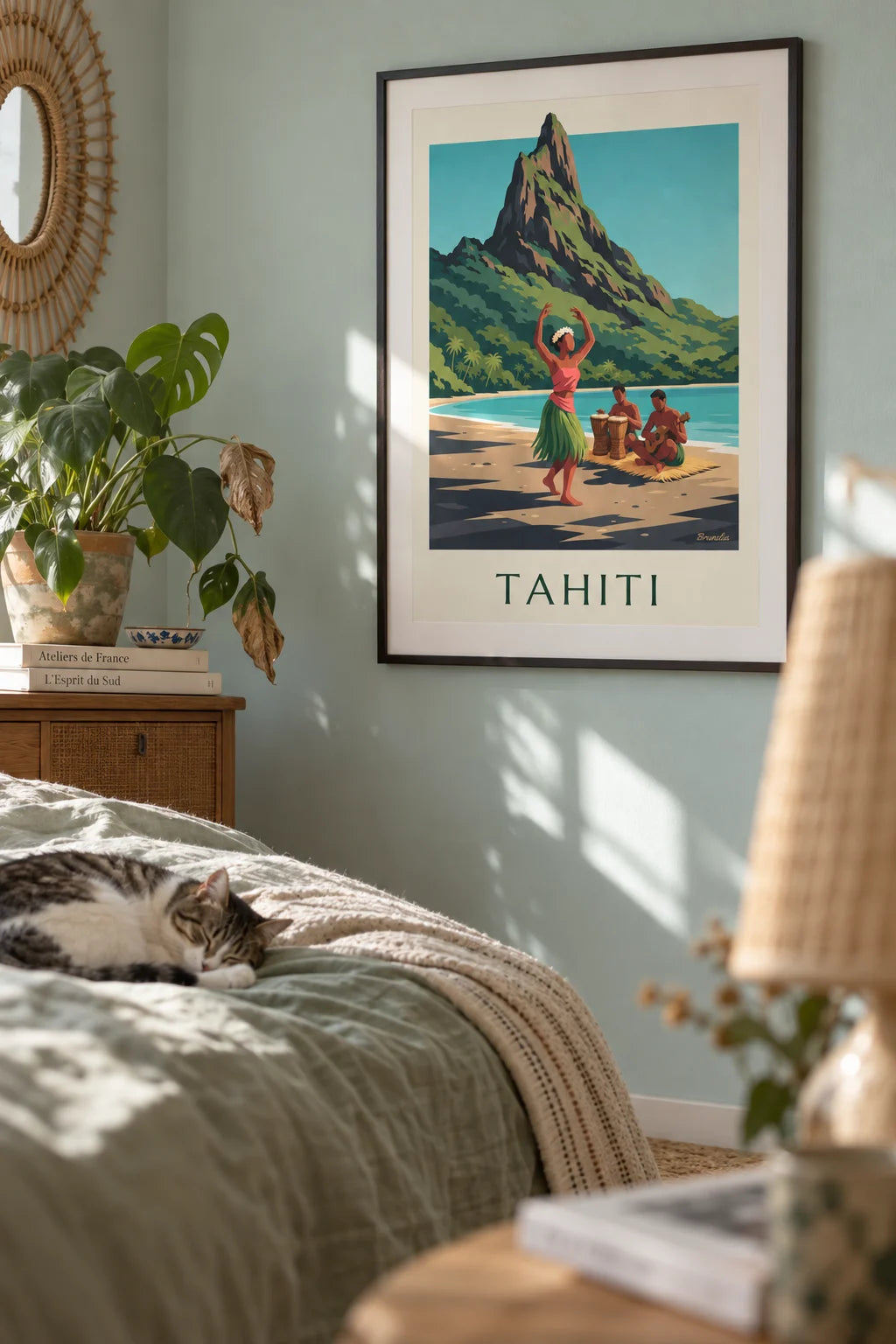 Affiche danseuse tahitienne et musiciens sur une plage de Tahiti i et rigtigt hjem