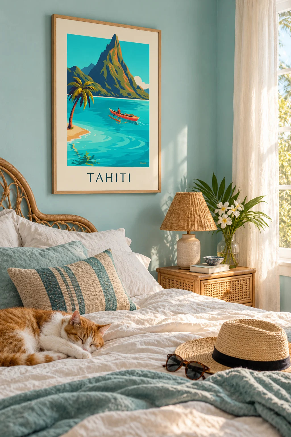 Polynesian outrigger canoe on the ocean in Tahiti poster on the wall