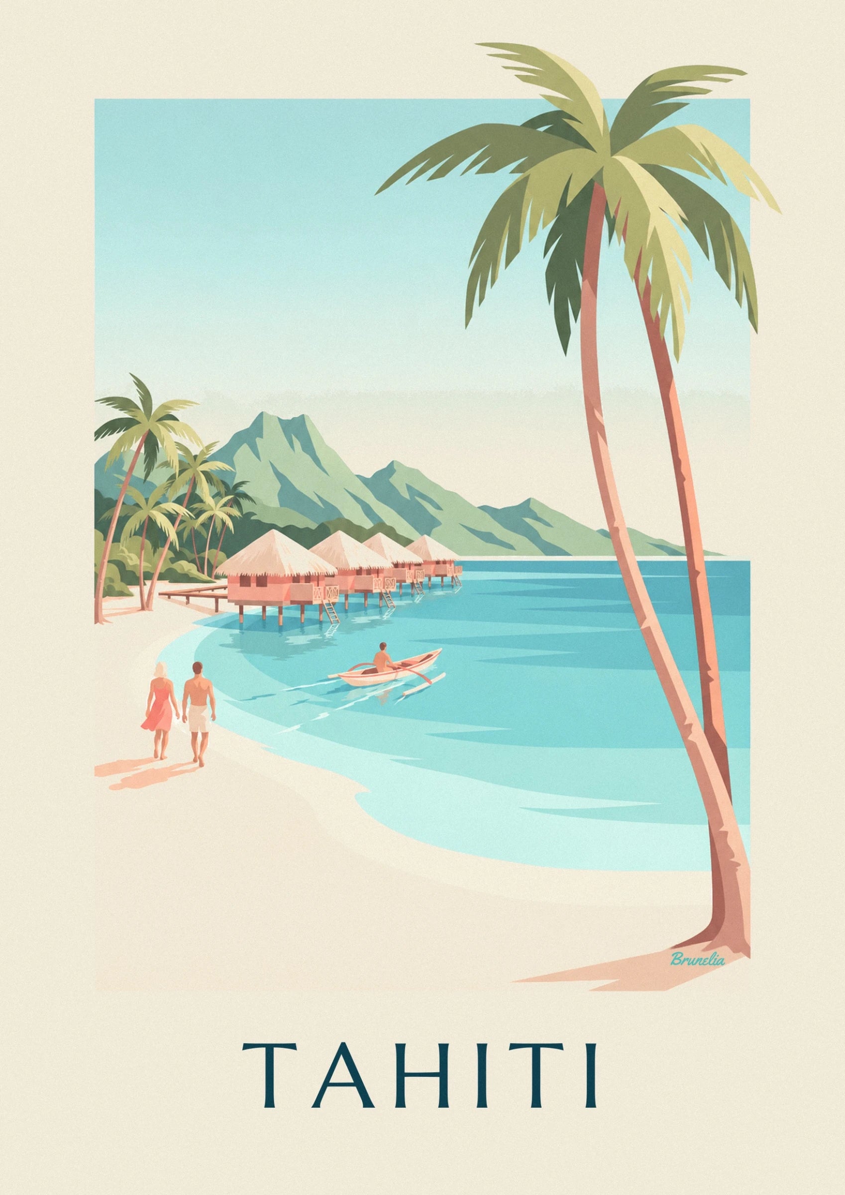 A couple seen from behind beside the lagoon, in a coral dress and white shorts on the pale sand