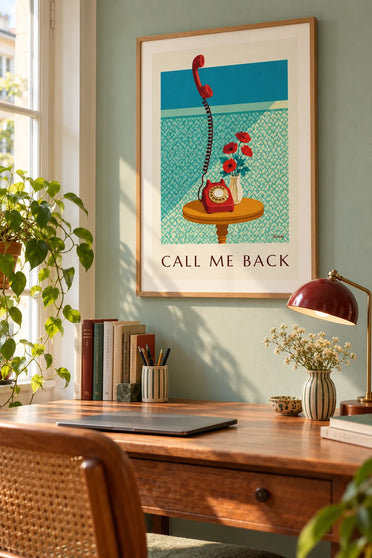 Plakat med telefon med drejeskive på et sidebord: indrammet på væggen