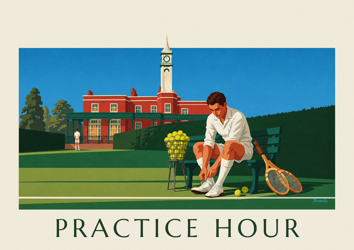 Tennis player tying shoes outside clubhouse poster