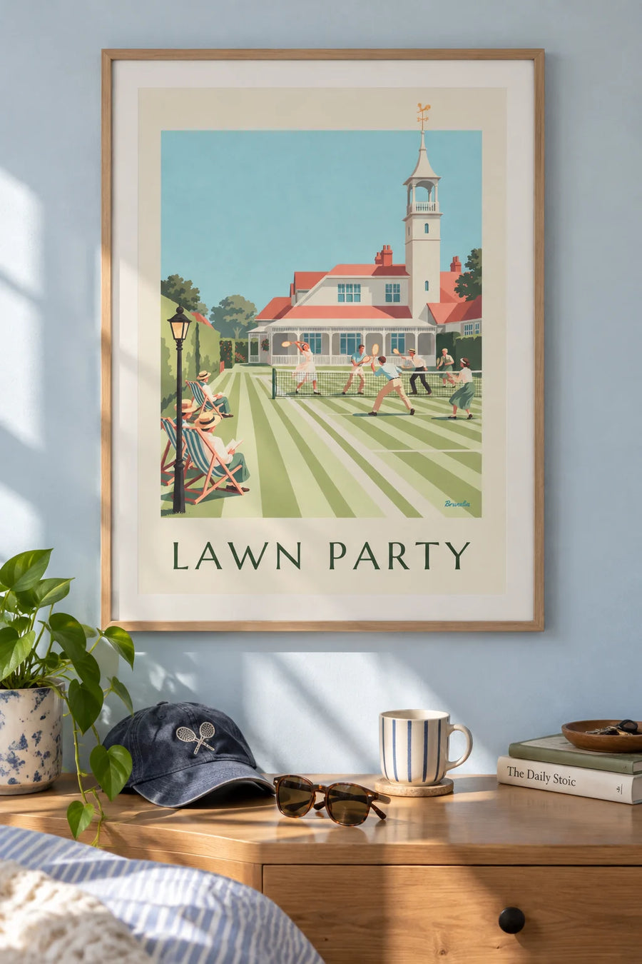 Poster of a mixed doubles grass court tennis match and clubhouse: framed on the wall